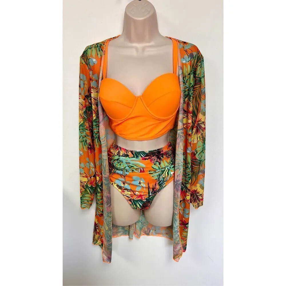 Womens Multicolor 3 Piece Sets Floral Swimsuit Push-Up Bikini‎ Cover-Up Medium